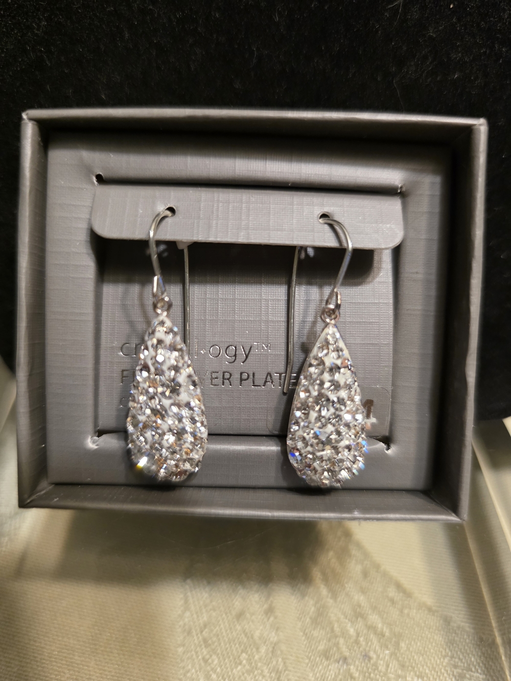 #968 Crystal Pave Teardrop Dangle Earrings - Silver Sparkle